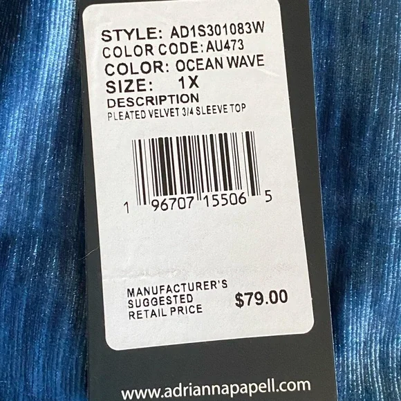 Adrianna Papell Pleated Velvet 3/4 Sleeve Top with 1X - Picture 5 of 5